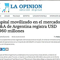 Capital movilizado en el mercado M&A de Argentina registra USD 2.960 millones